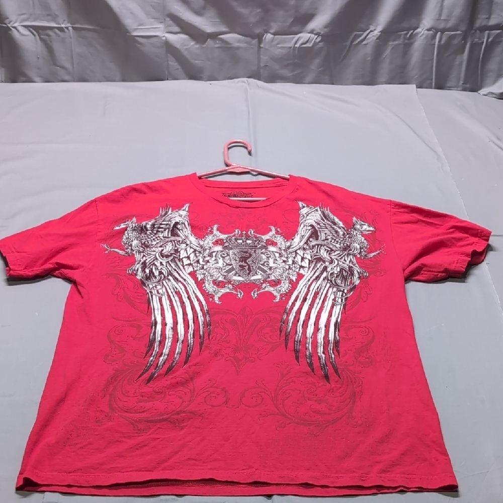 MMA Elite Mens Red Graphic TShirt Large Wings Cross Crest Y2K Biker Short Sleeve